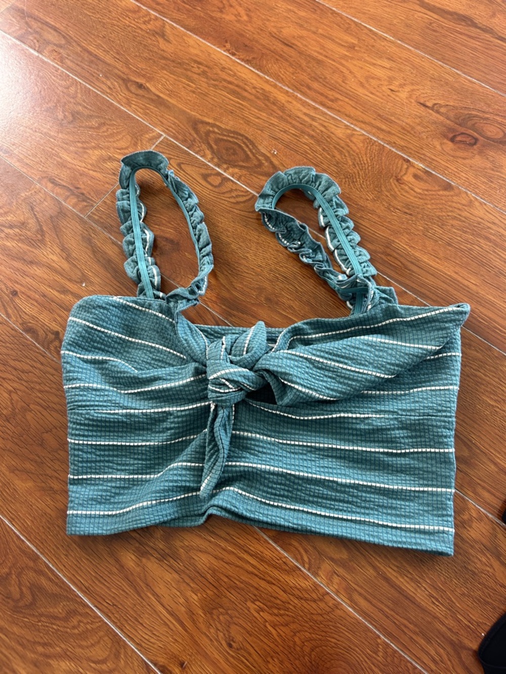 Privacy Please Teal Striped Tie-Front Crop Top
